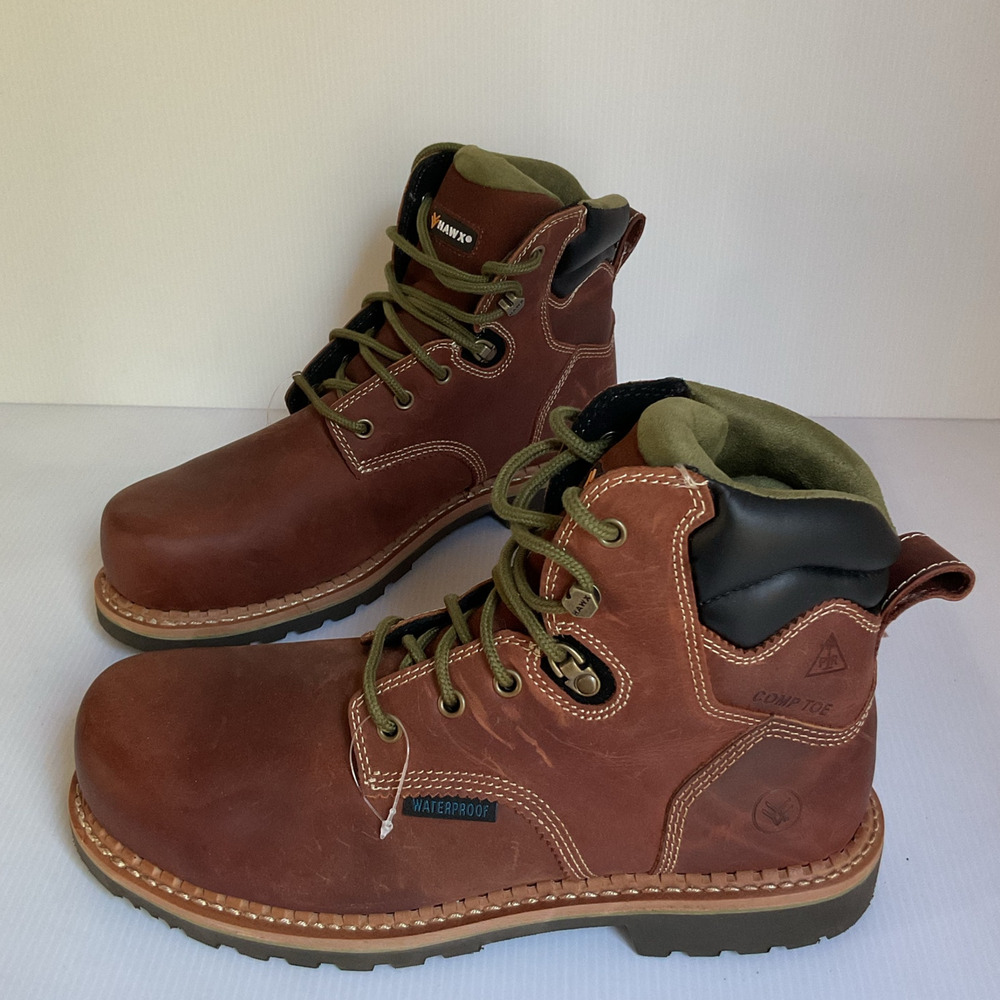 HAWX Men’s 8C Work Boots Waterproof Composite Toe Brown Leather NWOT - Picture 2 of 7